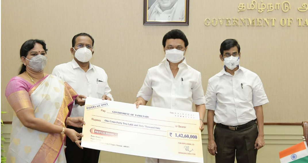 REPCO Bank gives cheque of Rs 1.43 crore to CM
